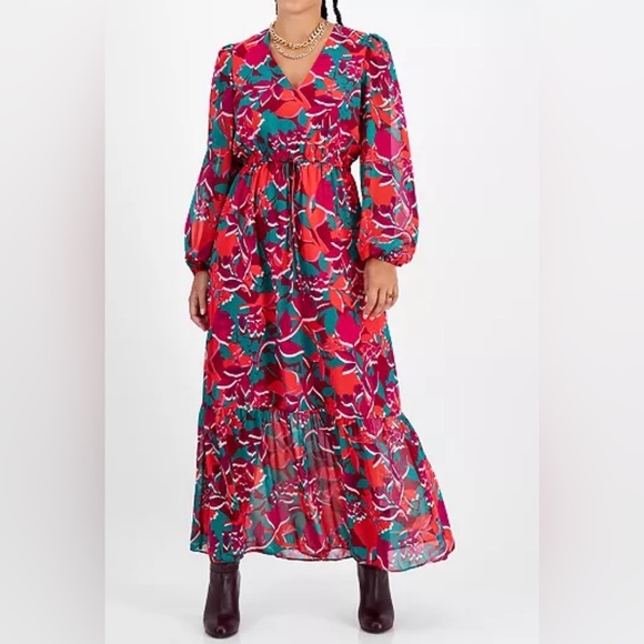 Bar III Red Green Floral Maxi Dress Size Medium Tiered Cottagecore Colorful - Picture 8 of 9